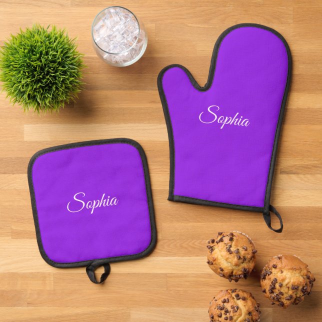 White Script Name or Monogram on Purple Oven Mitt & Pot Holder Set (Top Down)
