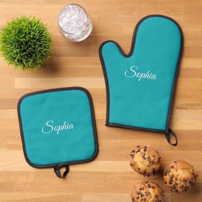 White Script Name or Monogram on Teal Oven Mitt & Pot Holder Set (Top Down)