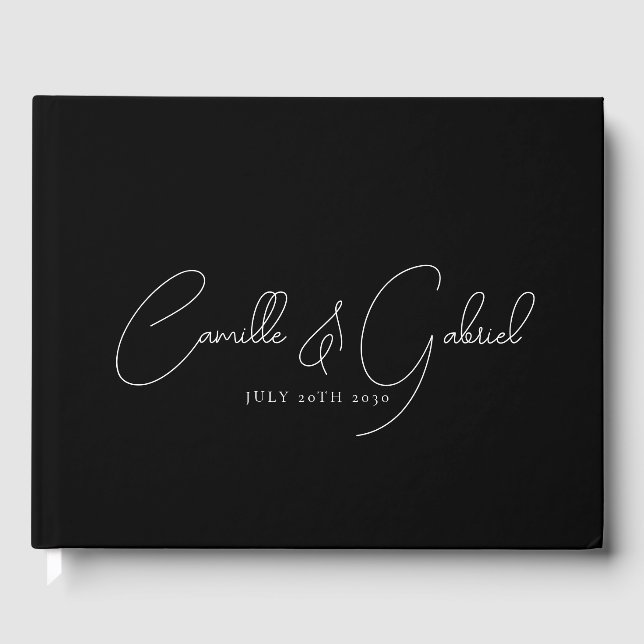 White Script Names Wedding Black Guest Book (Front)