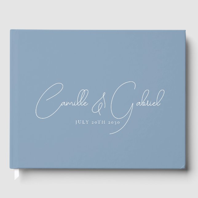 White Script Names Wedding Dusty Blue Guest Book (Front)