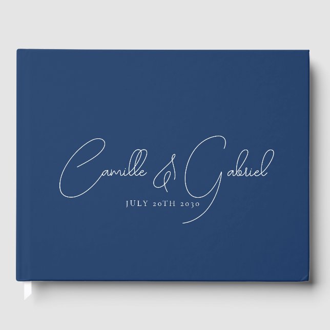 White Script Names Wedding Navy Blue Guest Book (Front)