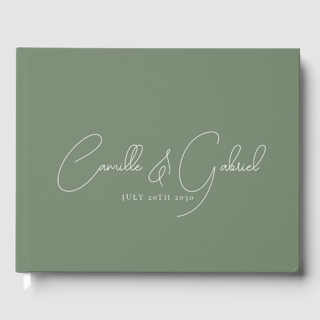 White Script Names Wedding Sage Green Guest Book (Front)