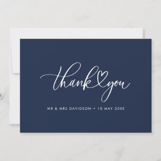 white script navy blue wedding thank you card