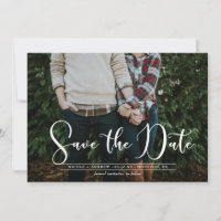 White Script Navy Chevron Photo Save the Date Card