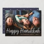 White Script Overlay Happy Hanukkah Full Photo Holiday Card<br><div class="desc">Elegant and festive Hanukkah photo card features "Happy Hanukkah" in handwritten style casual white script typography. Personalize with your family name and the year at the bottom.</div>