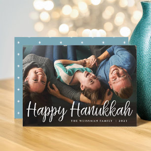 White Script Overlay Happy Hanukkah Full Photo Holiday Card