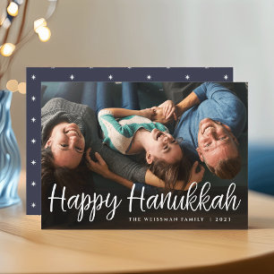 White Script Overlay Happy Hanukkah Full Photo Holiday Card