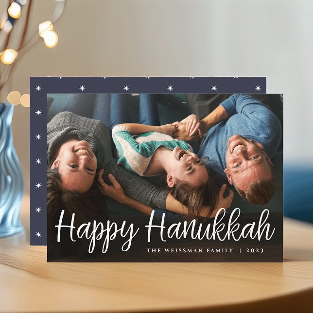 White Script Overlay Happy Hanukkah Full Photo Holiday Card (Creator Uploaded)
