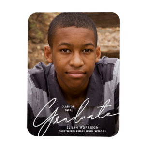 White Script Overlay Photo Graduation Announcement Magnet