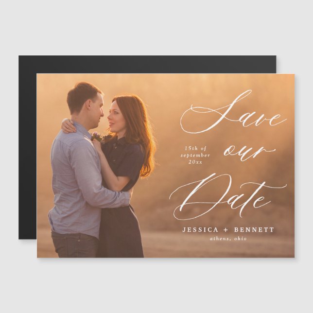 White Script Overlay Photo Save the Date Magnet (Front/Back)