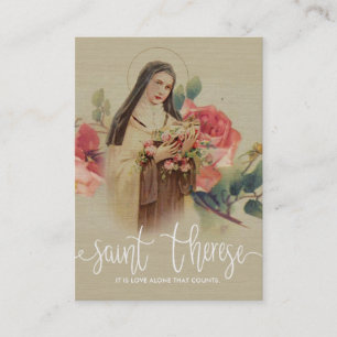 White Script Overlay St. Therese Roses Holy Card
