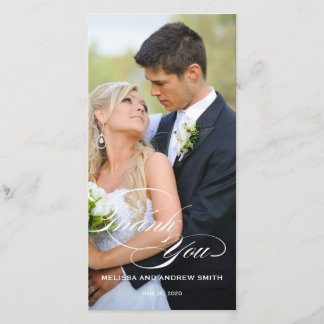 WHITE SCRIPT OVERLAY WEDDING THANK YOU PHOTO CARD