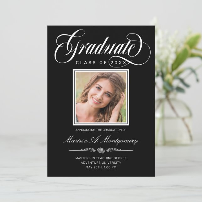 White Script Photo Black College Graduation Announcement (Standing Front)