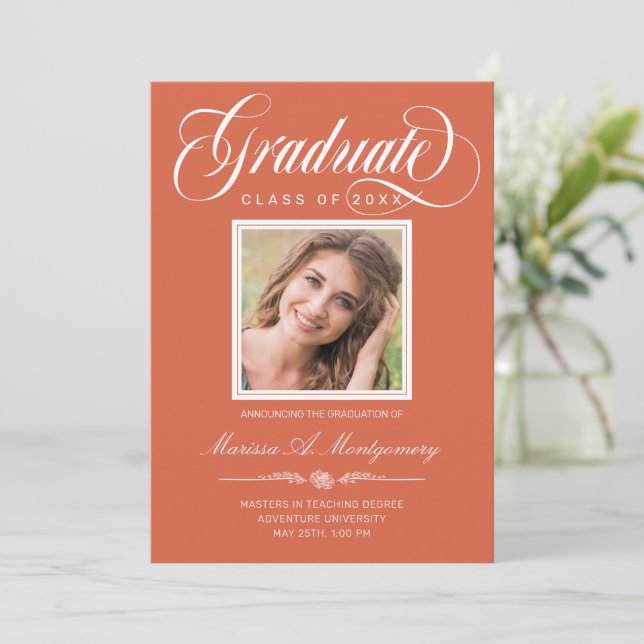 White Script Photo Burnt Orange College Graduation Announcement (Standing Front)