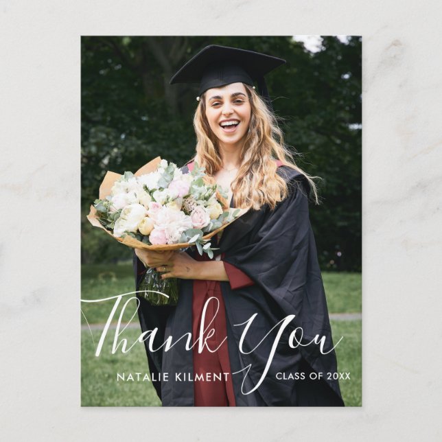 White Script Photo Graduation Thank You Postcard (Front)