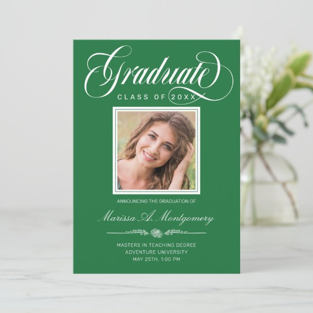 White Script Photo Green College Graduation Announcement (Standing Front)