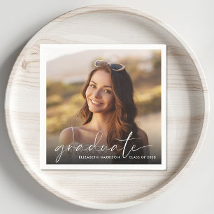 White Script Photo Overlay Graduation Party Napkin