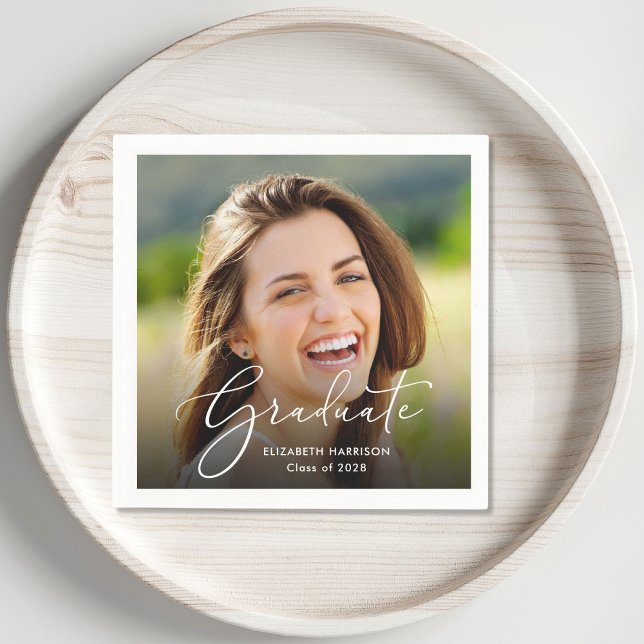 White Script Photo Overlay Graduation Party Napkin (Creator Uploaded)