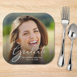 White Script Photo Overlay Graduation Party Paper Plate<br><div class="desc">Chic graduation party paper plates featuring the graduate's photo overlayed with "Graduate" in an elegant white script and their name and class year in simple modern white typography.</div>