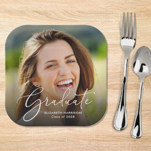 White Script Photo Overlay Graduation Party Paper Plate