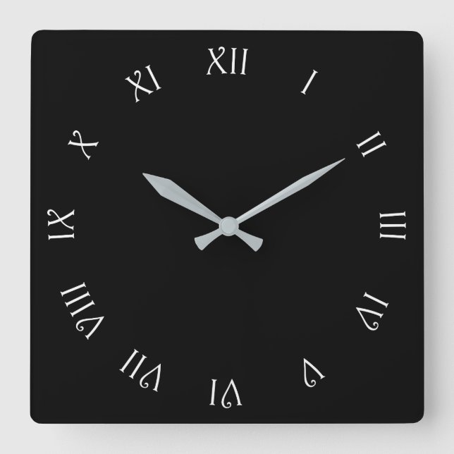 White Script Roman Numbers On Black wccn Square Wall Clock (Front)