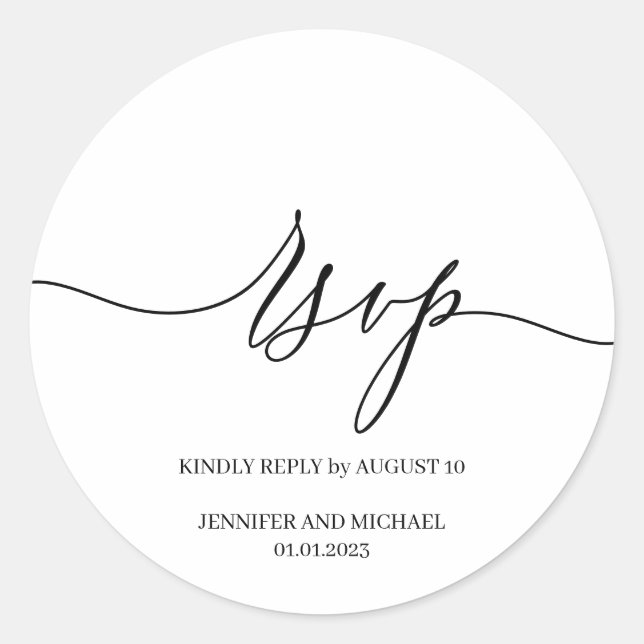 White Script Signature Elegant Wedding RSVP Classic Round Sticker (Front)