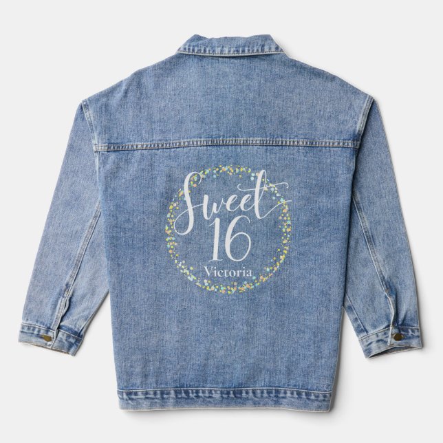 White Script Sweet 16 Pink Yellow Blue Confetti Denim Jacket (Back)