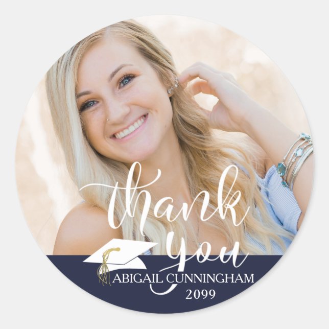 White Script Thank You Navy Blue Graduation Photo Classic Round Sticker (Front)