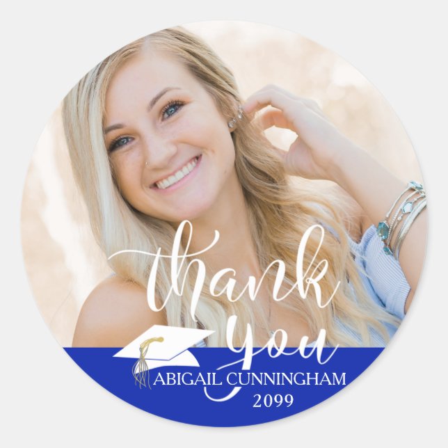 White Script Thank You Royal Blue Graduation Classic Round Sticker (Front)