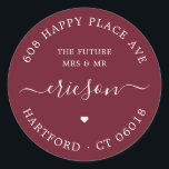 White Script The Future Wedding Return Address Classic Round Sticker<br><div class="desc">Simple, elegant, round wedding or engagement return address label template with white typography on deep burgundy background. The background colour is freely selectable at the design level. These stylish, easy-to-customize address labels feature the text "The Future Mrs. and Mr., " the couple's address, the name in a modern calligraphy font...</div>