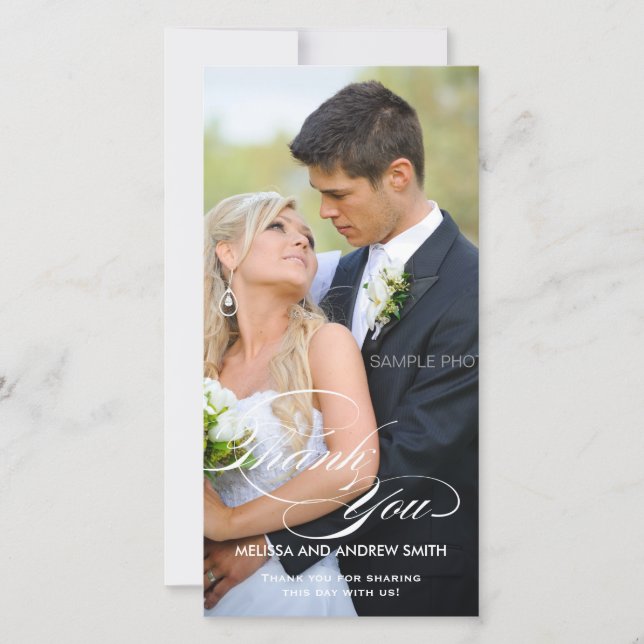 WHITE SCRIPT WEDDING THANK YOU PHOTO CARD (Front)