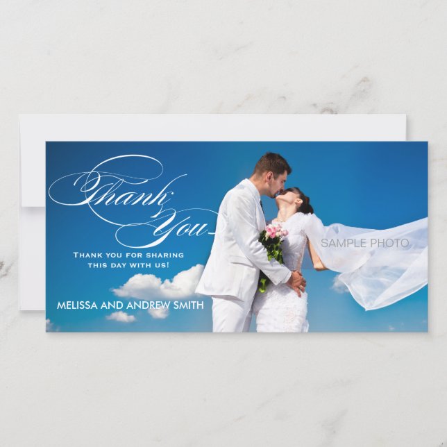WHITE SCRIPT WEDDING THANK YOU PHOTO CARD (Front)