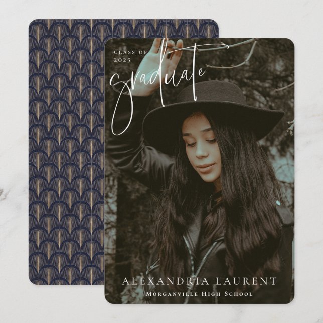 White Scripted Portrait Graduation Photo Announcement (Front/Back)