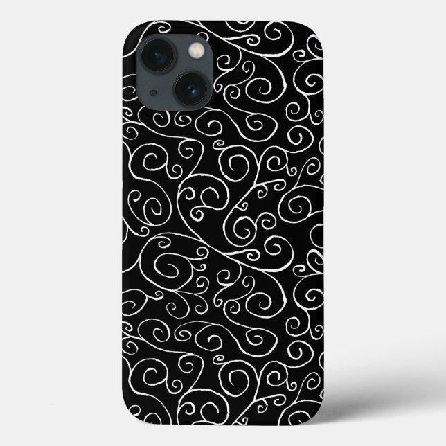 White Scrolling Curves on Black Case-Mate iPhone Case (Back)