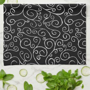 White Scrolling Curves on Black Kitchen Towel