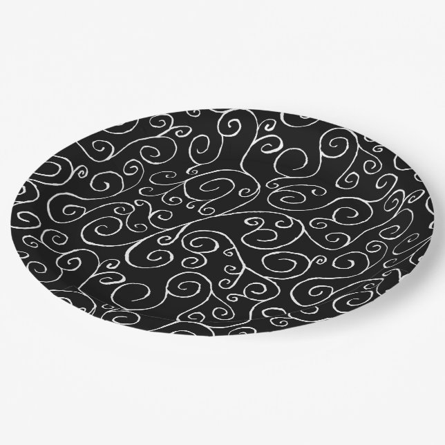 White Scrolling Curves on Black Paper Plate (Angled)
