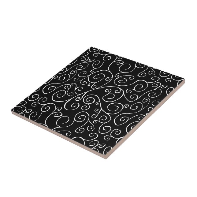 White Scrolling Curves on Black Tile (Side)
