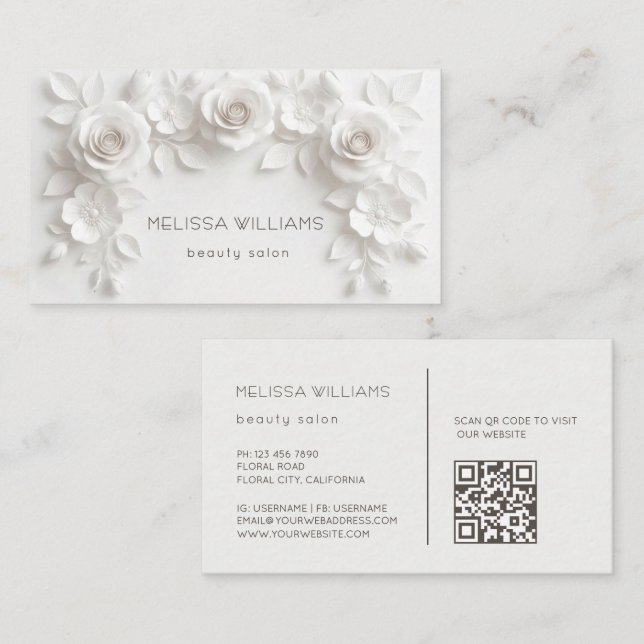 White Sculptural 3D Flowers Business Card (Front/Back)