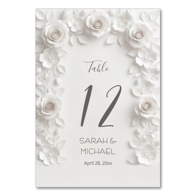 White Sculptured Flowers Arch Wedding   Table Number (Front)