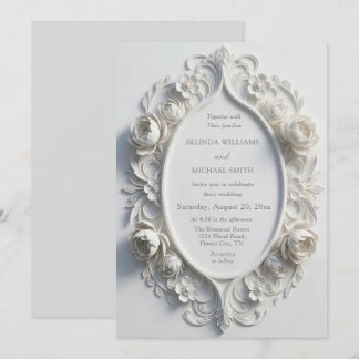 White Sculptured Flowers Crest Wedding Invitation