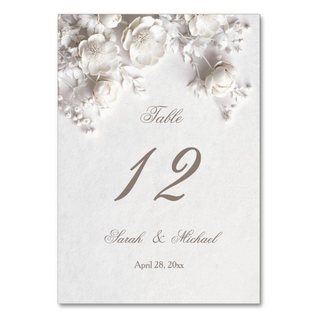 White Sculptured Flowers Wedding   Table Number (Front)