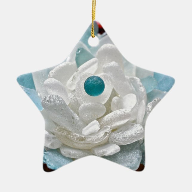 White Sea Glass Flower Ceramic Ornament (Front)
