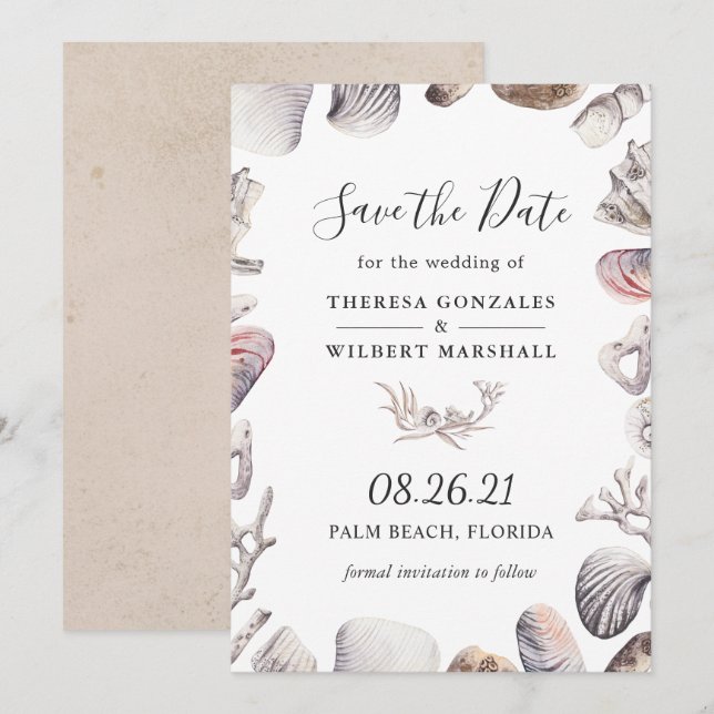 White Sea Shell Beach Wedding Save the Date Card (Front/Back)