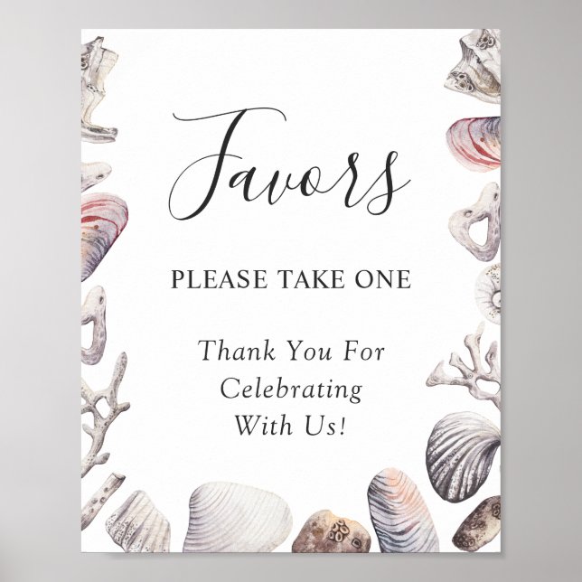 White Sea Shell Coral Beach Wedding Favors Sign (Front)