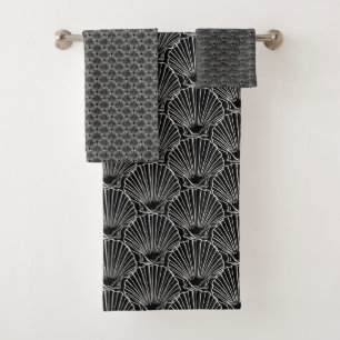 White Sea Shell Pattern Over Black Beach House Bath Towel Set
