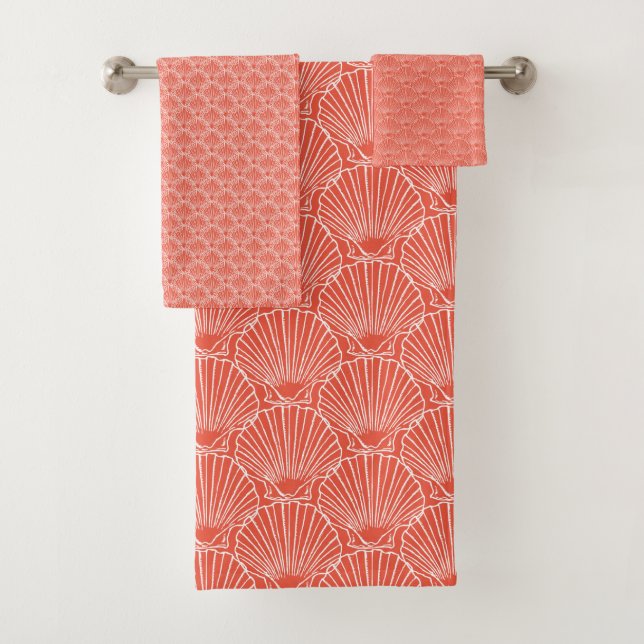 White Sea Shell Pattern Over Orange  Beach House Bath Towel Set (Insitu)