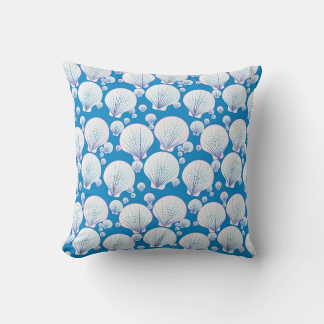 White sea shells on an ocean blue background throw pillow (Front)