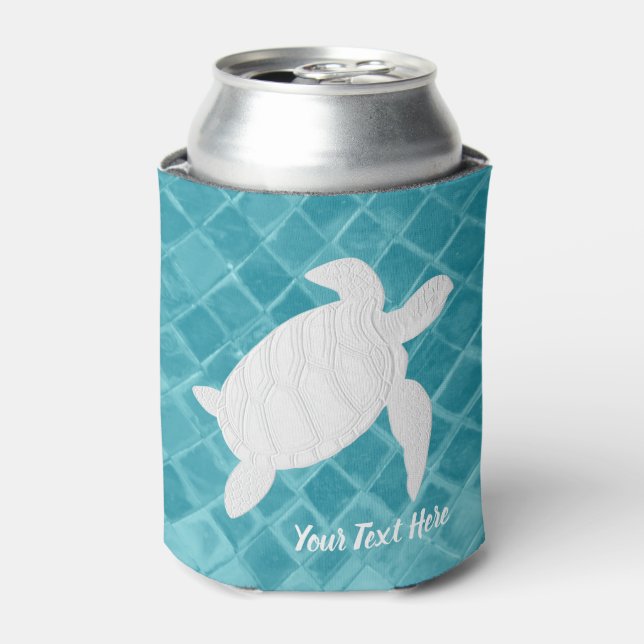 White Sea Turtle  Aqua Sea Glass Your Text Can Cooler (Can Front)