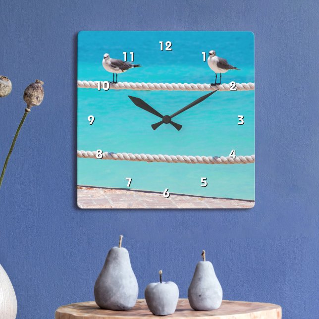 White seagull birds on rope turquoise ocean photo square wall clock (Creator Uploaded)
