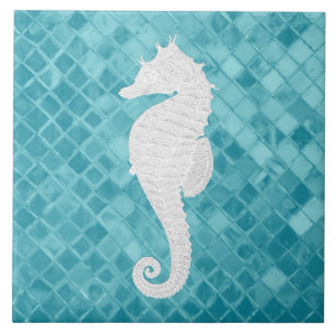 White Seahorse Aqua Sea Glass Pattern Tile